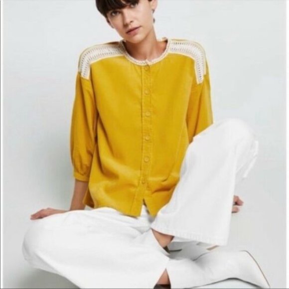 Zara Tops - ZARA BASICS Winter Mustard Gold Cotton Corduroy Crochet Button Shirt Blouse Top